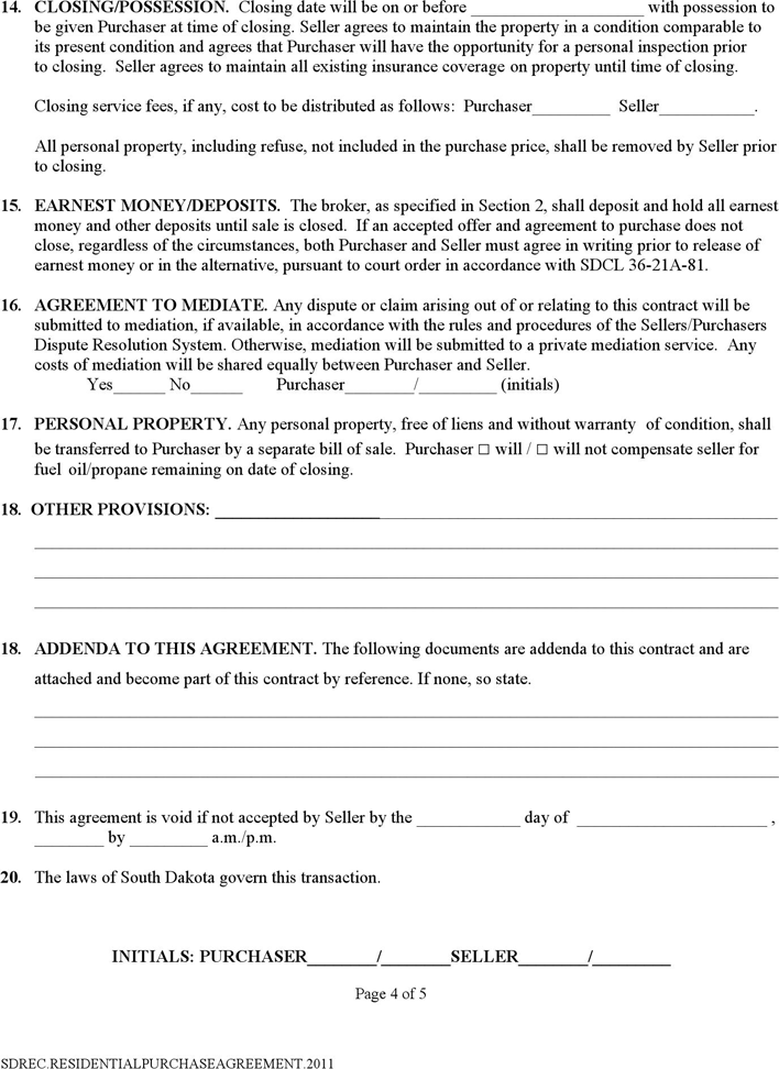 South Dakota Purchase Agreement - Residental Sales Form Page 4