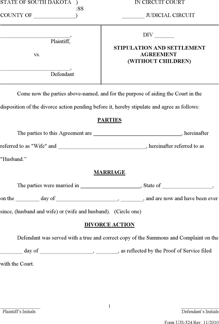 South Dakota Stipulation and Settlement Agreement (without Children) Form