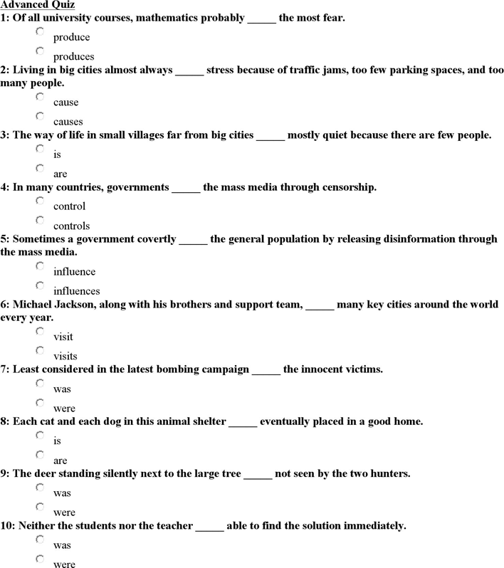 Subject-Verb Agreement Review and Quiz Page 4