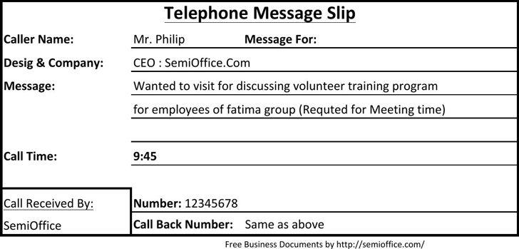 Telephone Message Slip Sample