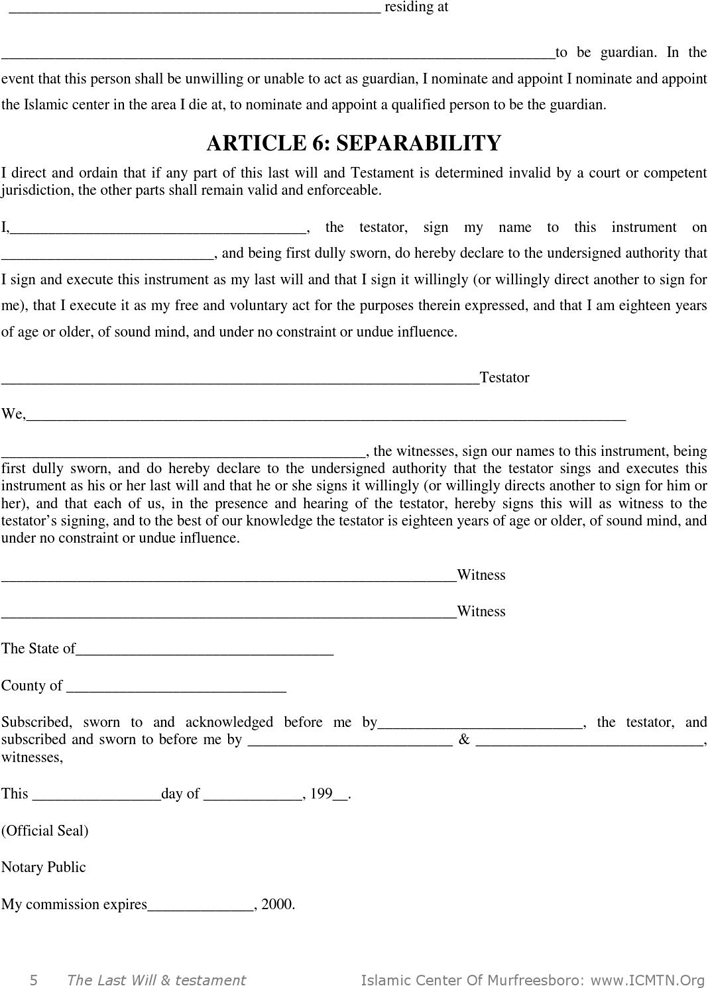 Tennessee Last Will And Testament Form Page 5
