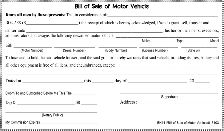 Tennessee Motor Vehicle Bill of Sale Form