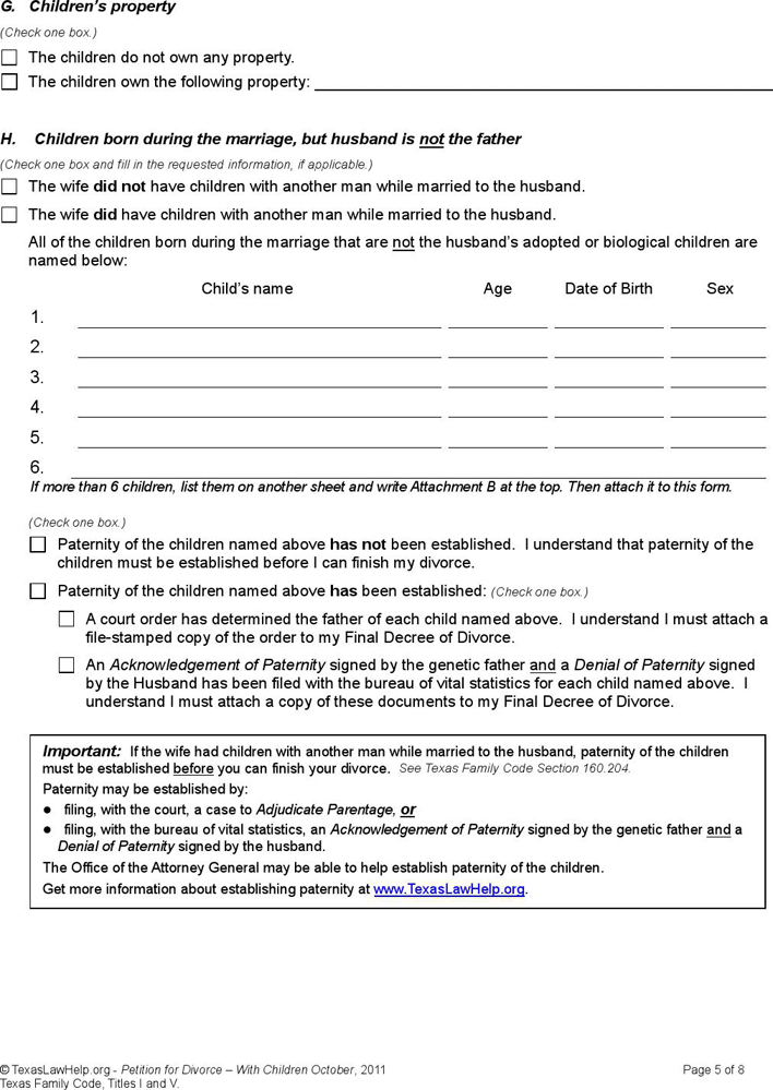 Texas Divorce Petition Form 1 (With Children) Page 5