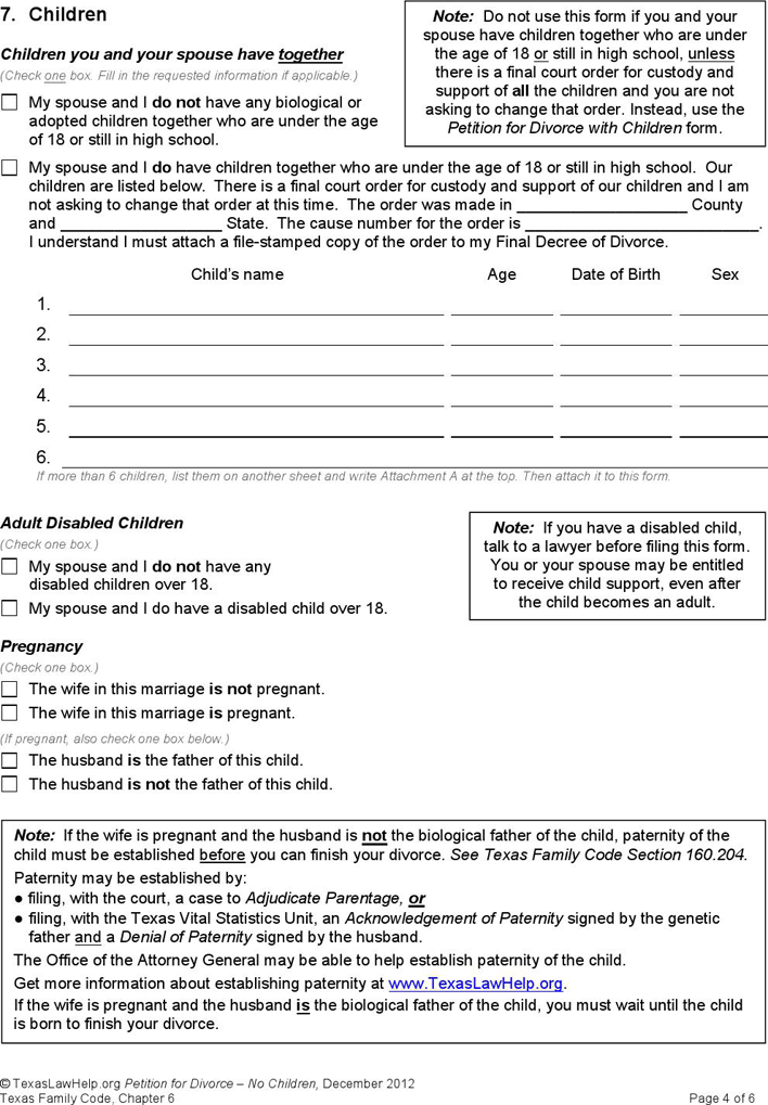 Texas Divorce Petition Form 2 (Without Children) Page 4