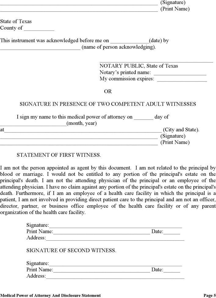 Texas Medical Power of Attorney and Disclosure Statement Form Page 5