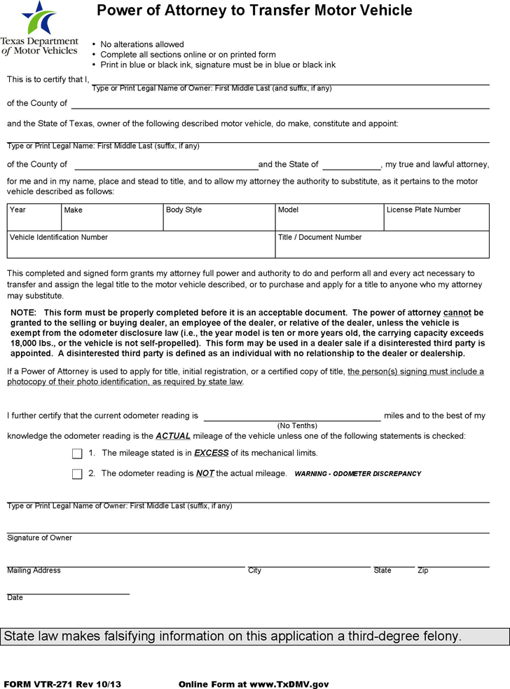 Free Texas Power Of Attorney To Transfer A Motor Vehicle Form Pdf 750kb 1 Page S