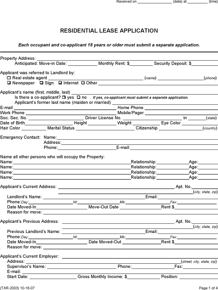 Free Texas Rental Application Form PDF 150KB 4 Page s 