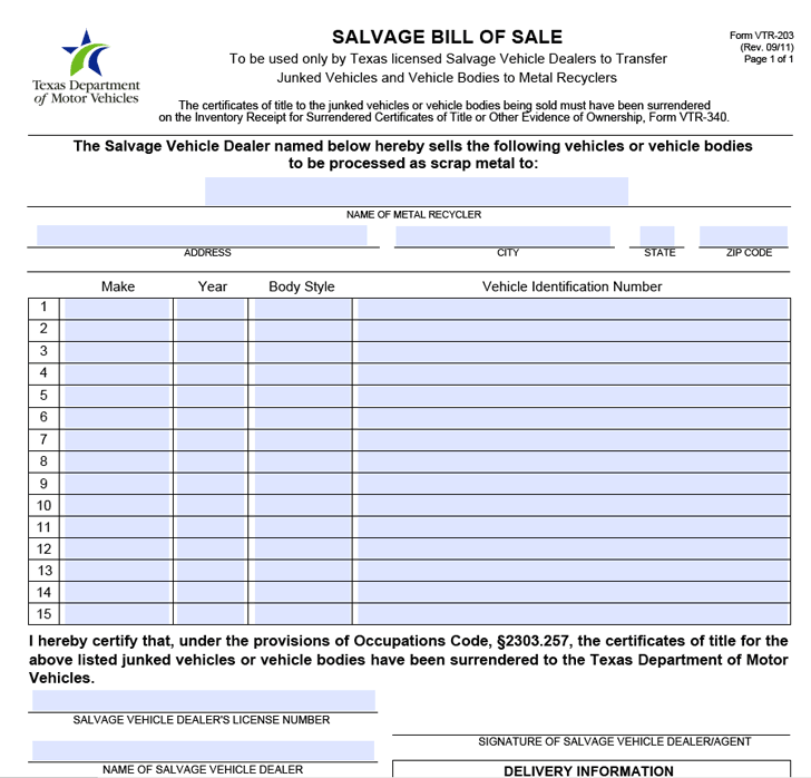 Free Texas Salvage Bill Of Sale Form Pdf 97kb 1 Page S