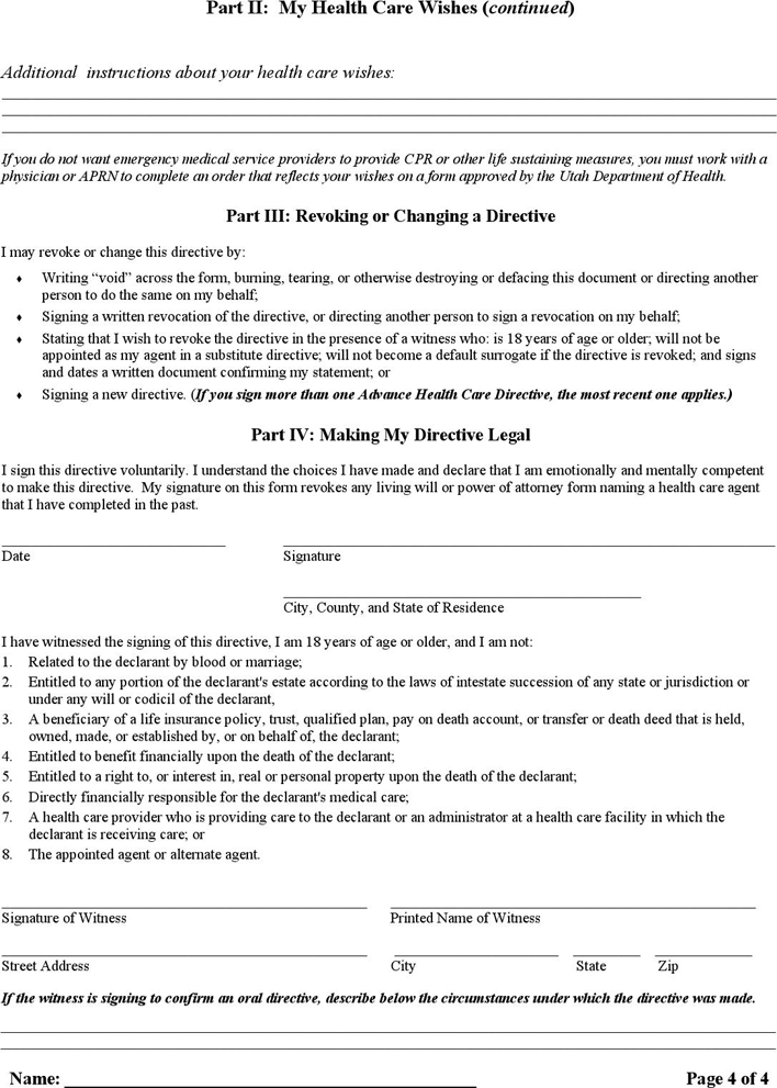 Utah Advance Health Care Directive Form 2 Page 4