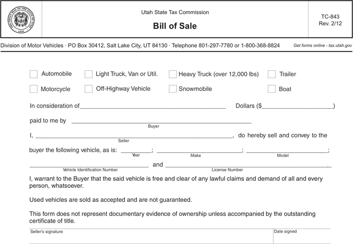 Utah Motor Vehicle Bill of Sale Form