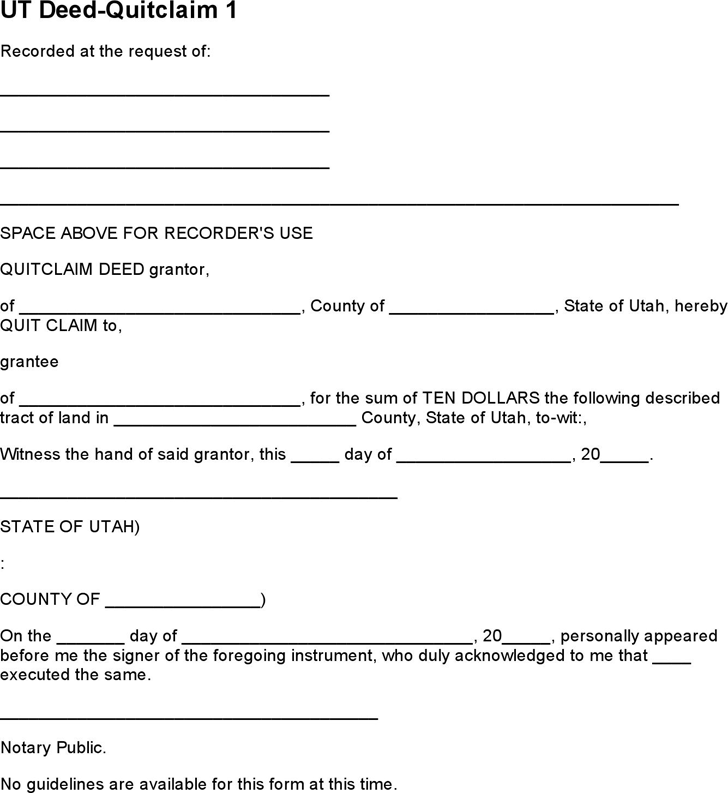 Free Utah Quitclaim Deed Form PDF 57KB 1 Page s 