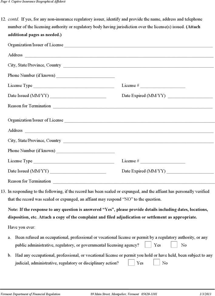 Vermont Captive Insurance Biographical Affidavit Form Page 4
