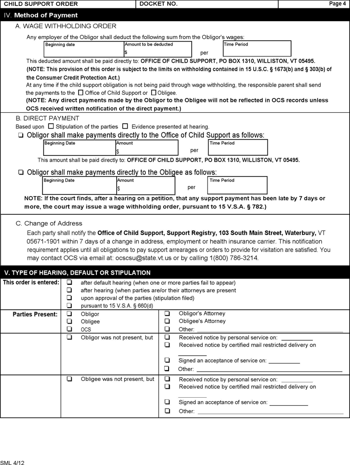 Vermont Child Support Order Form Page 4