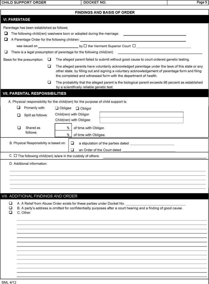 Vermont Child Support Order Form Page 5