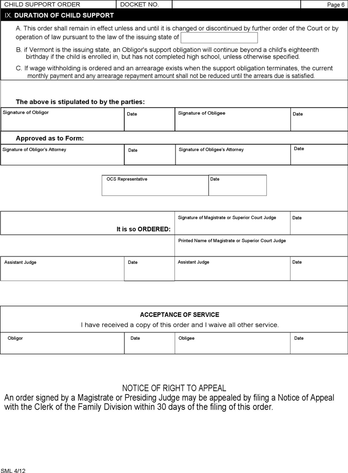 Vermont Child Support Order Form Page 6