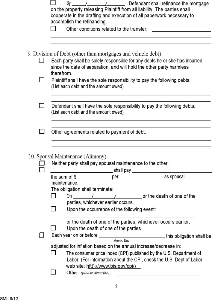 Vermont Final Stipulation: Property, Debts and Spousal Support Form Page 5