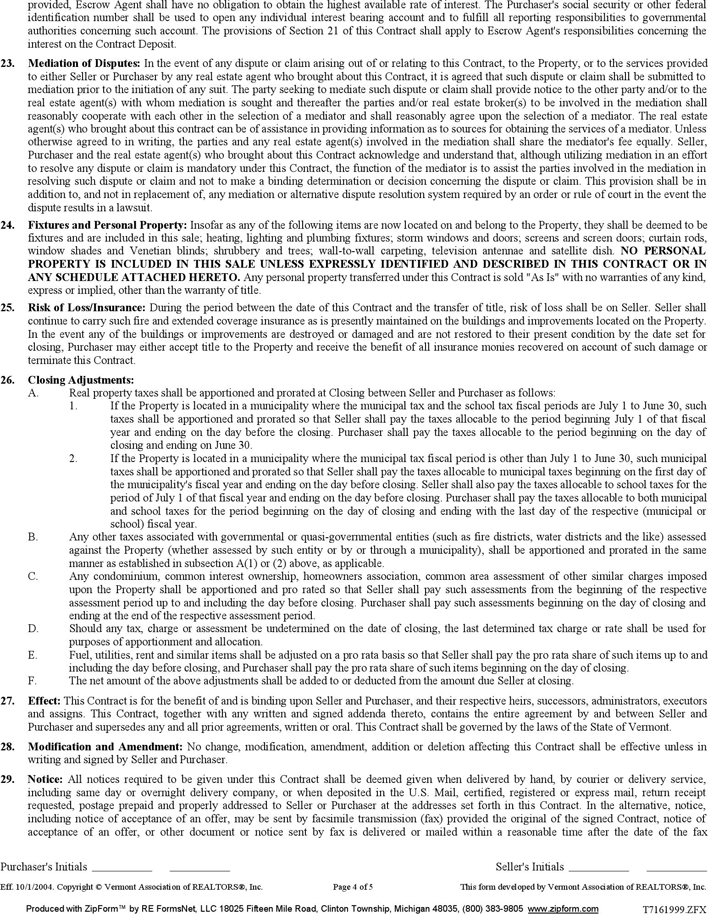 Vermont Purchase and Sale Contract Form Page 4