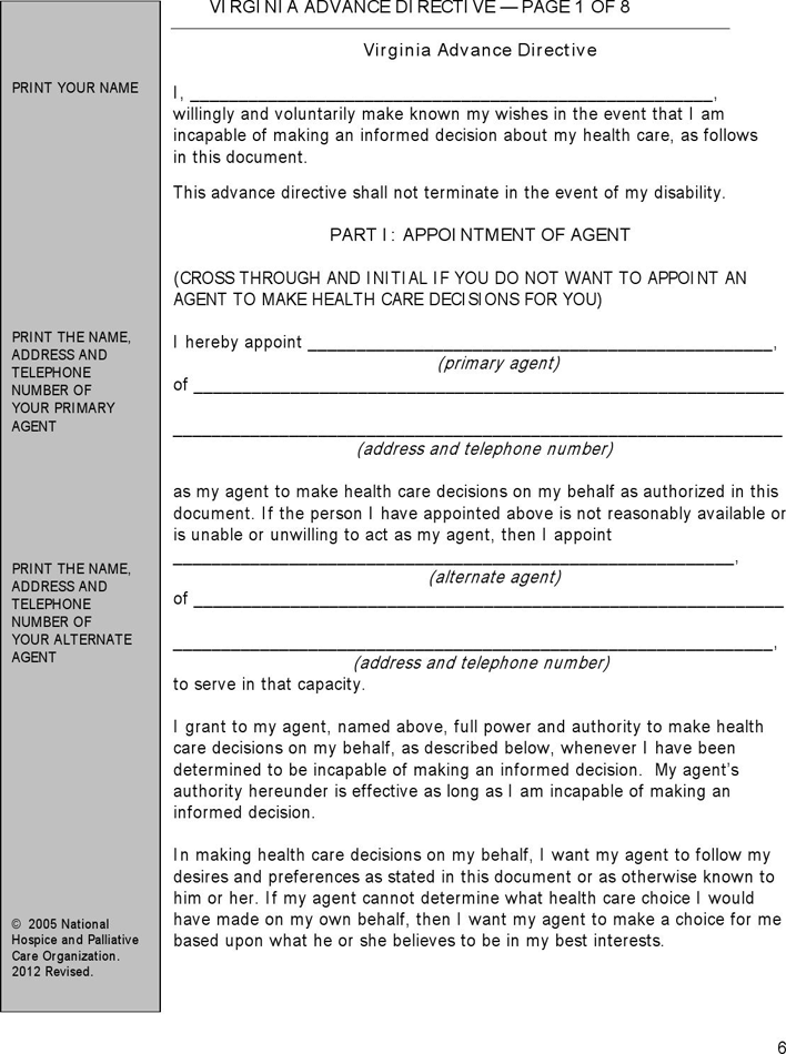 Virginia Advance Health Care Directive Form Page 6