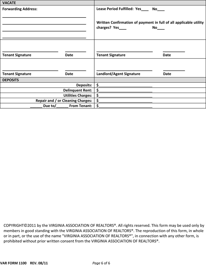 Virginia Move in Move out Condition Report Form Page 6