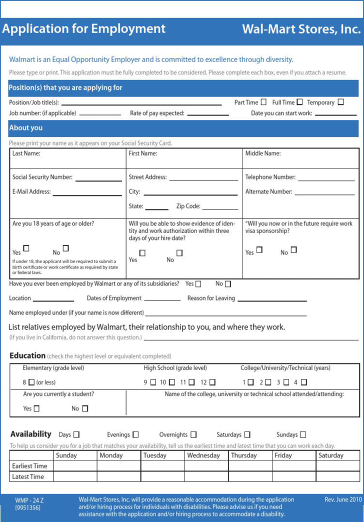 Free Walmart Application For Employment Pdf 77kb 2 Pages