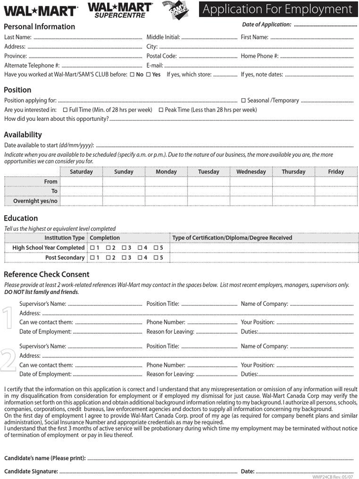 Free WalMart Application for Employment (Fiilable) PDF 134KB 1