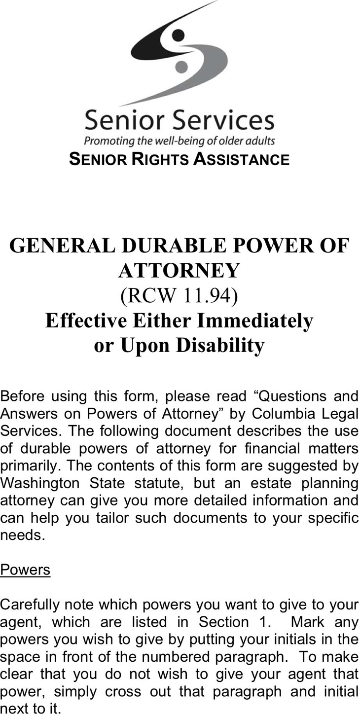 Washington General Durable Power of Attorney Form