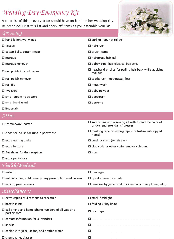 Wedding day emergency kit checklist