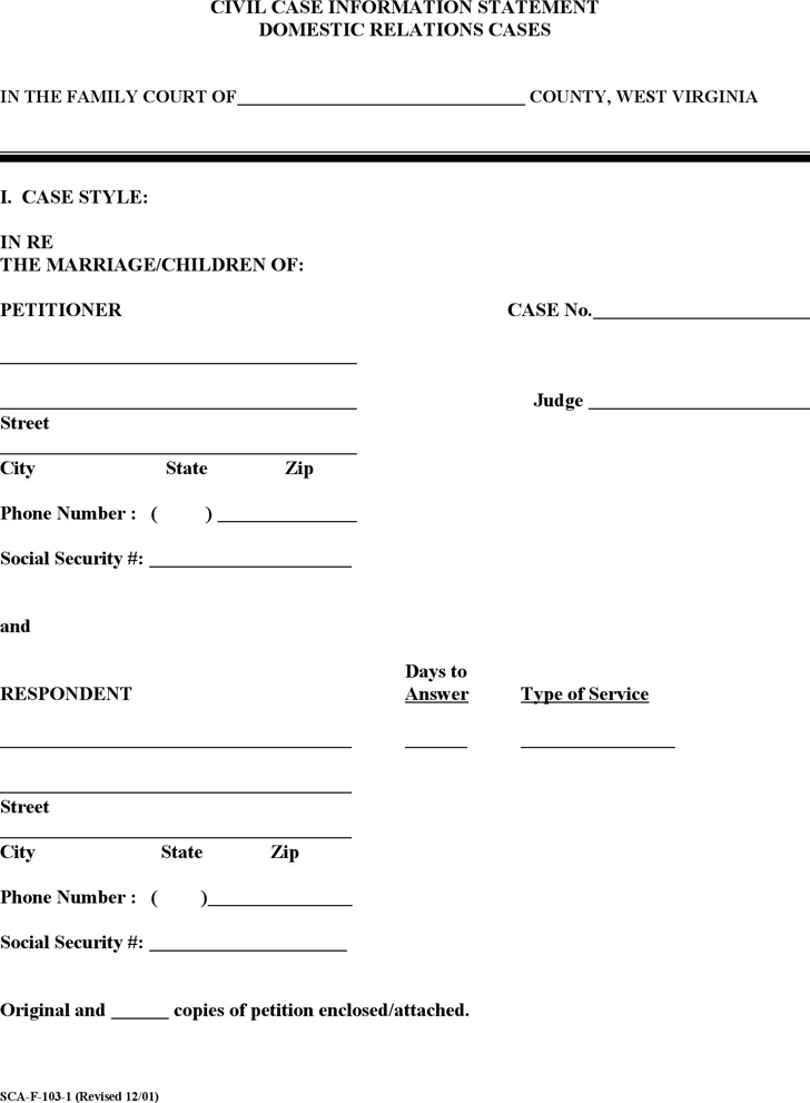 Free West Virginia Civil Case Information Statement Form PDF 52KB