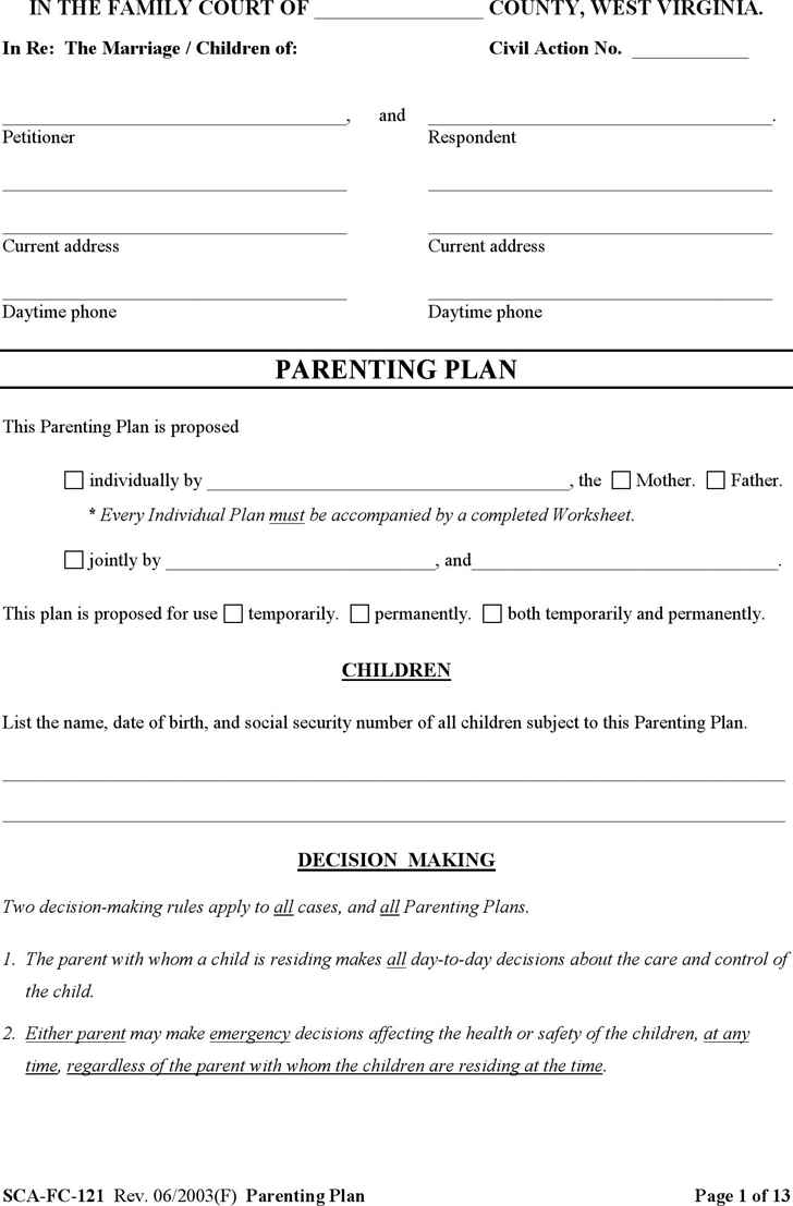 Free West Virginia Family Court Parenting Plan Form - PDF ...