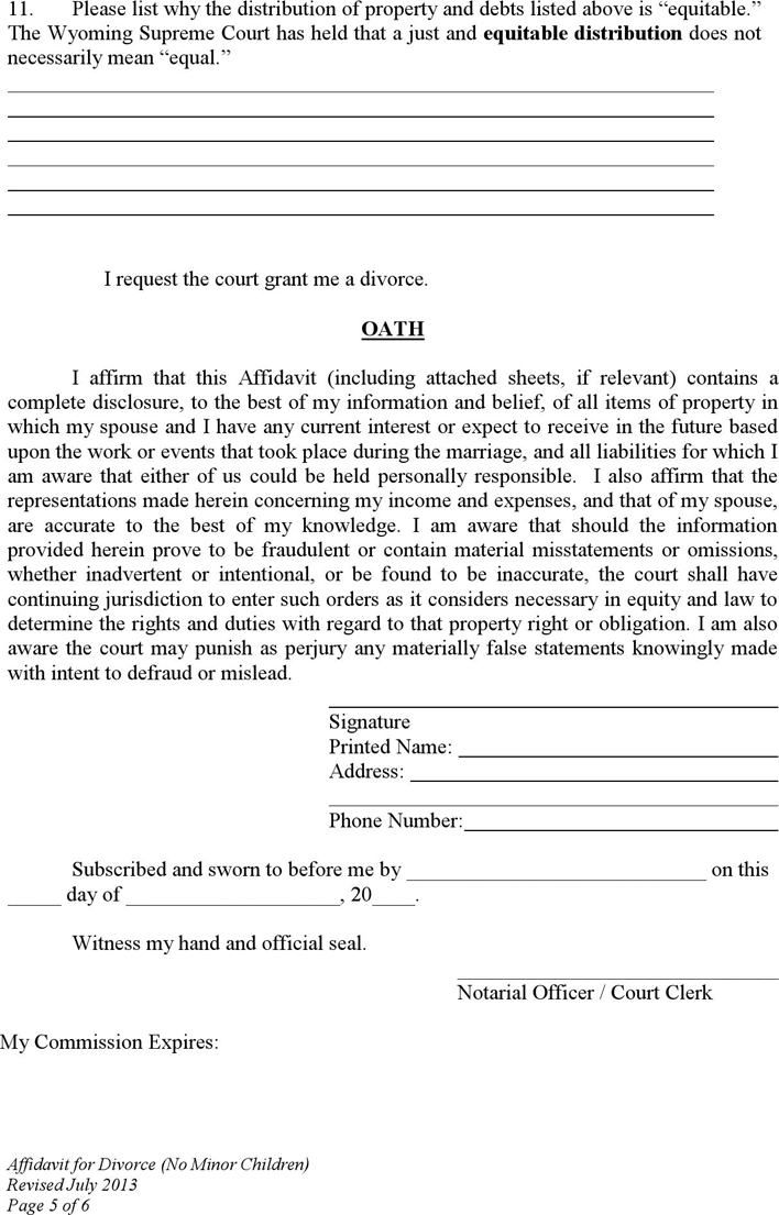 Wyoming Affidavit for Divorce without Appearance of Parties (No Children) Form Page 5