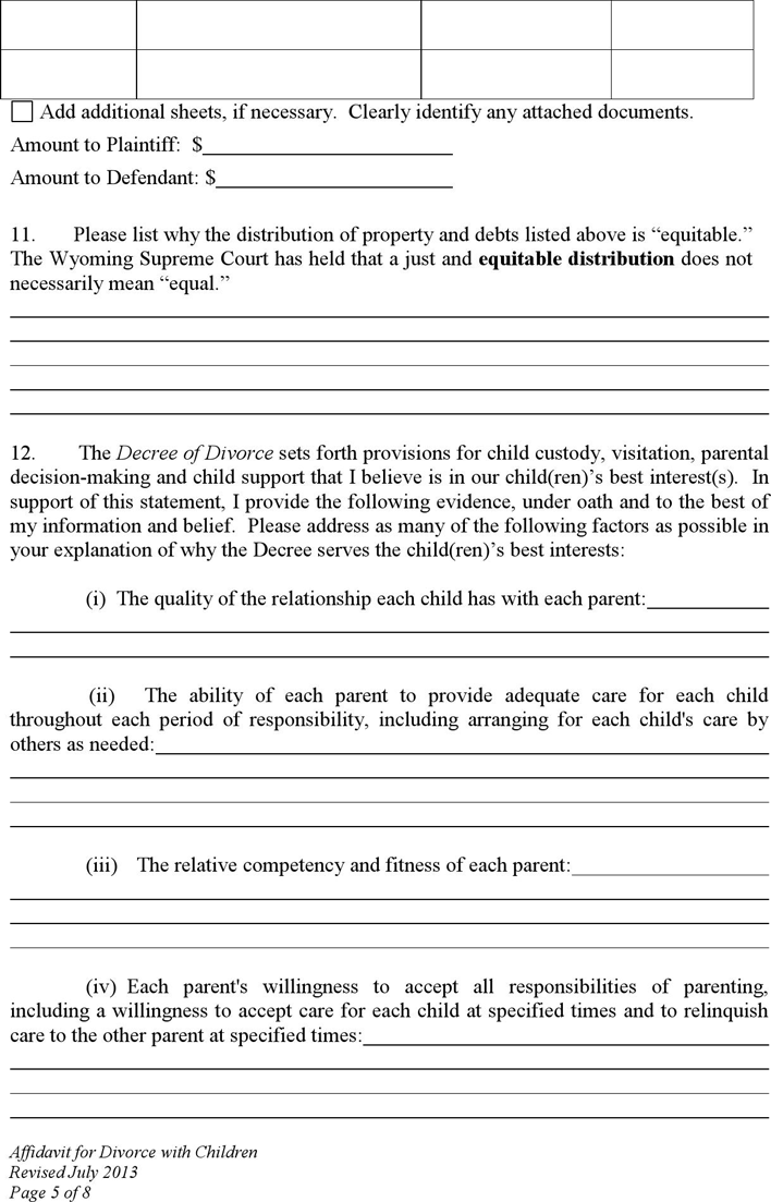 Wyoming Affidavit for Divorce without Appearance of Parties (with Minor Children) Form Page 5