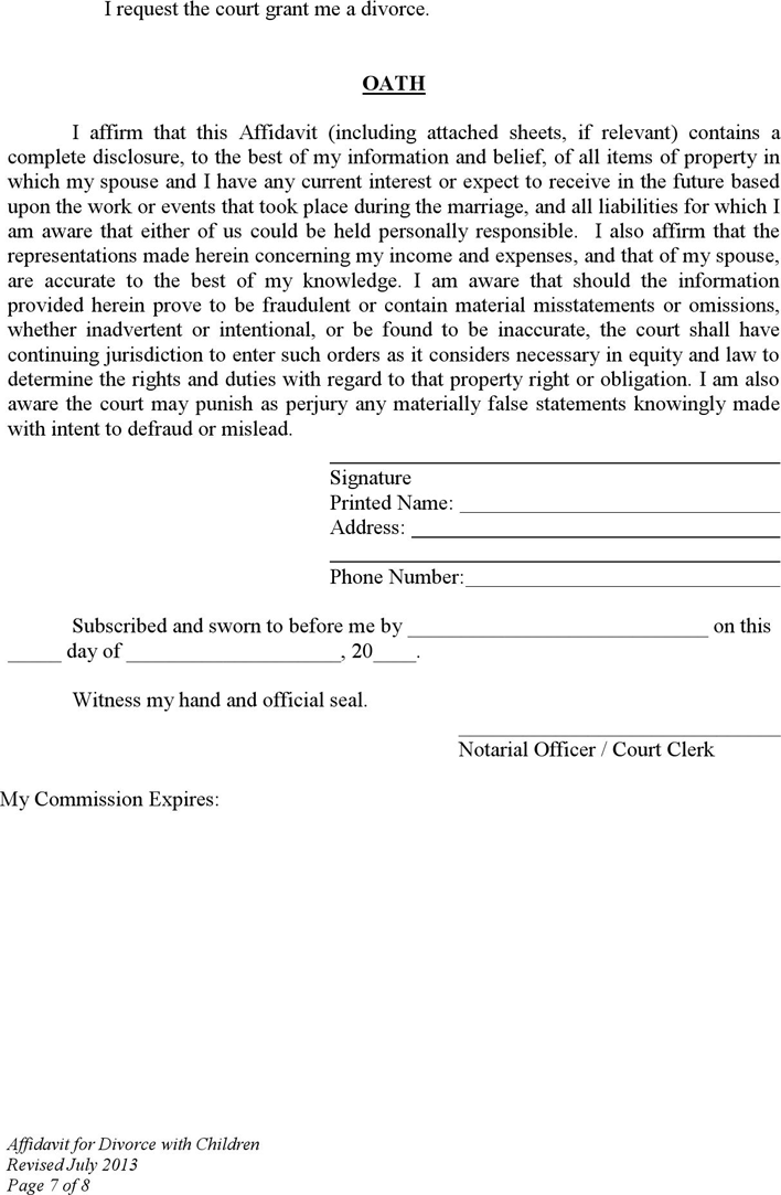 Wyoming Affidavit for Divorce without Appearance of Parties (with Minor Children) Form Page 7
