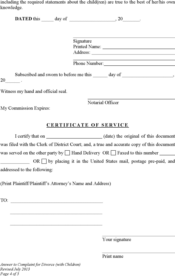 Wyoming Answer to Complaint for Divorce with Children Form Page 4