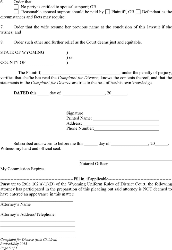 Wyoming Complaint for Divorce (with Children) Form Page 5