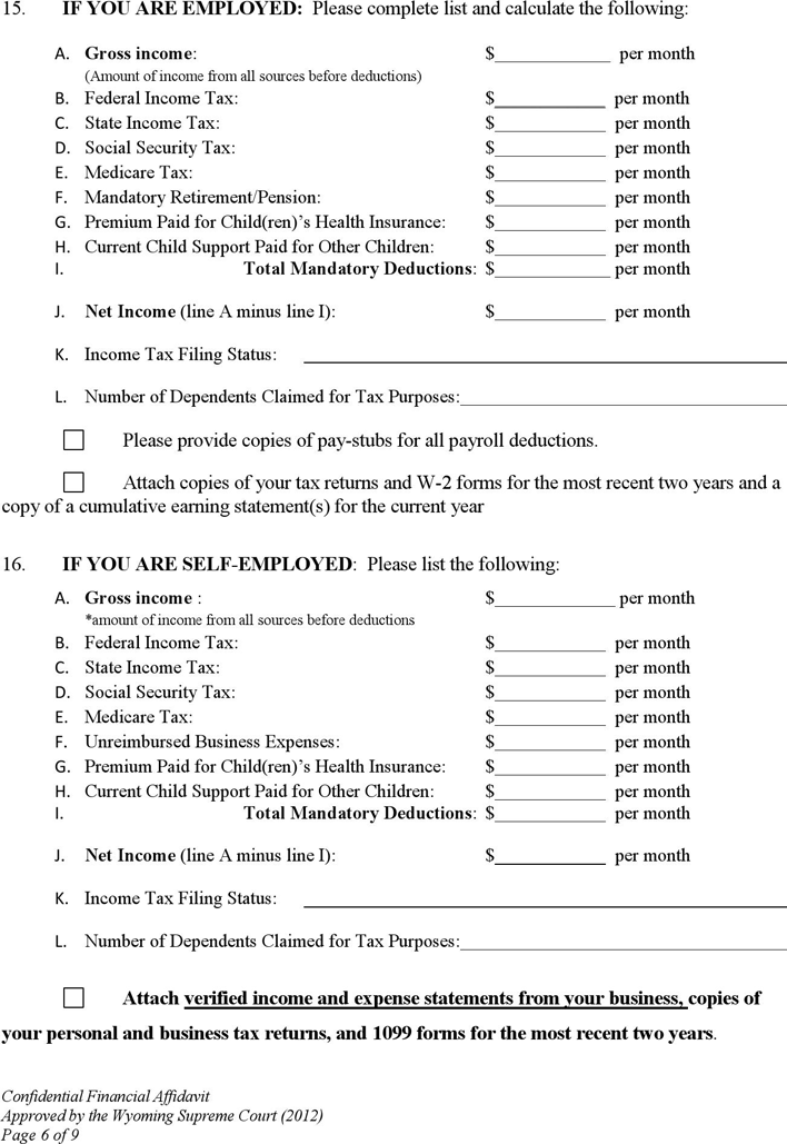 Wyoming Confidential Financial Affidavit Form Page 6