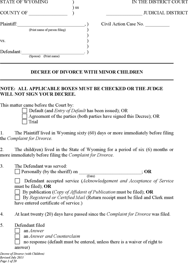 Wyoming Decree of Divorce with Children Form