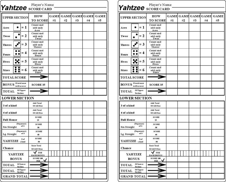 Yahtzee Score Cards